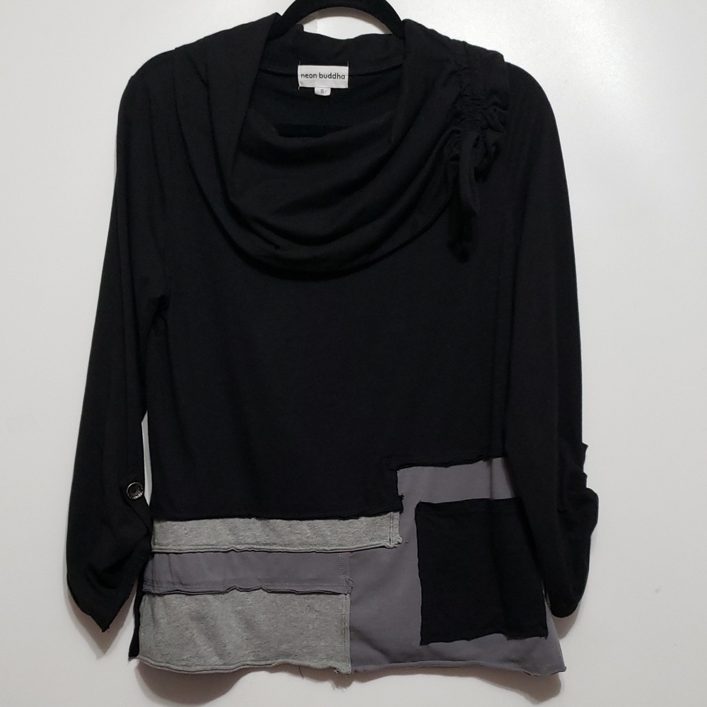 Neon Buddha Daydreamer Black and Gray Patchwork Bohemian Cowl Neck Top